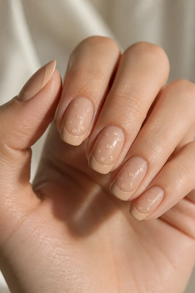 Nude matte nails. The French tip is also matte, but the polka dots are shiny and raised under a glossy layer, creating a two-finish look.