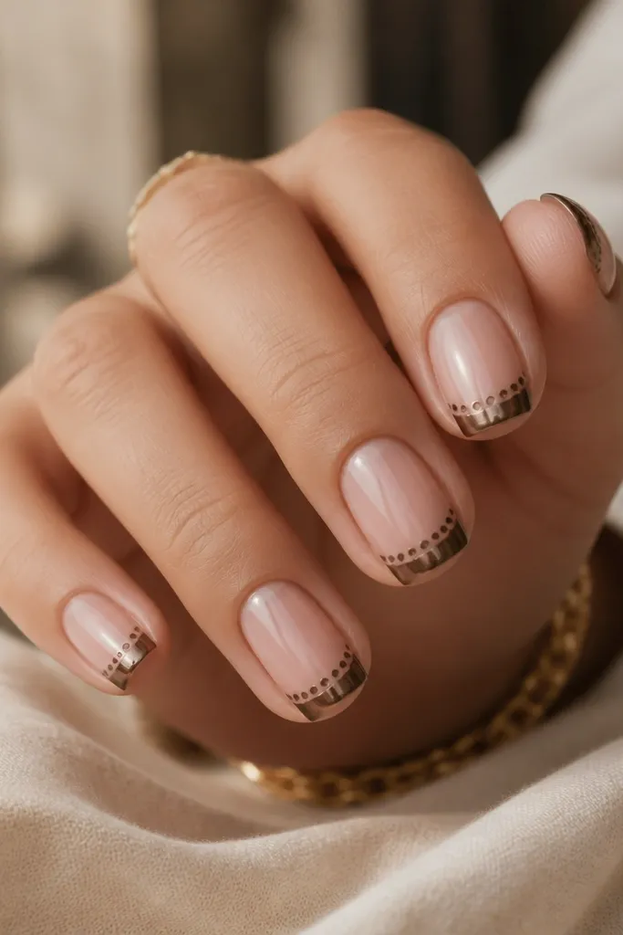 Nude nails with a metallic brown chrome French tip. Small dark-brown polka dots sit on top of the chrome, centered and evenly spaced.