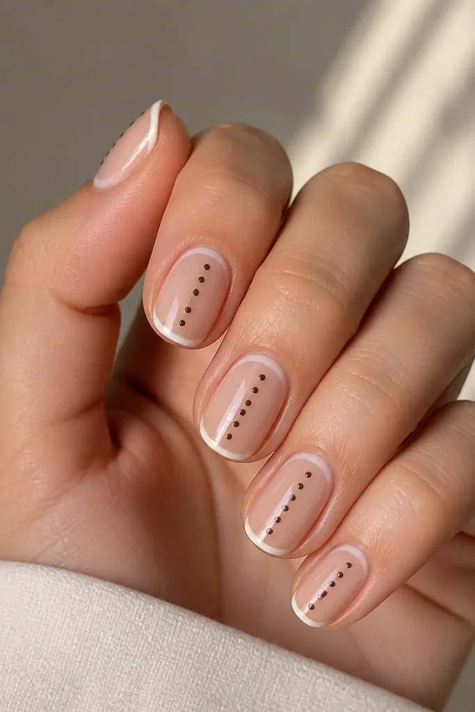 Nude nails with a thin French tip. A vertical ladder of five small brown dots sits just under the French, evenly spaced down the center.