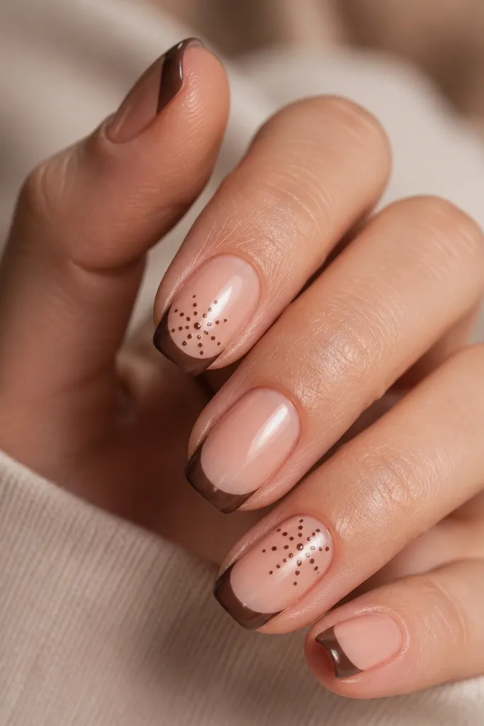 Nude nails with a satin-finish brown French tip. At the center of the nail, there's a small cluster of polka dots that fans outward like a burst, with the biggest dot in the middle.