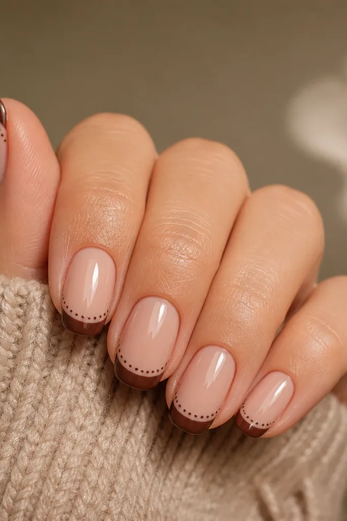 Nude nails with a thin French tip. The polka dots sit directly on the French edge - half the dot touches the tip, half hangs into nude.