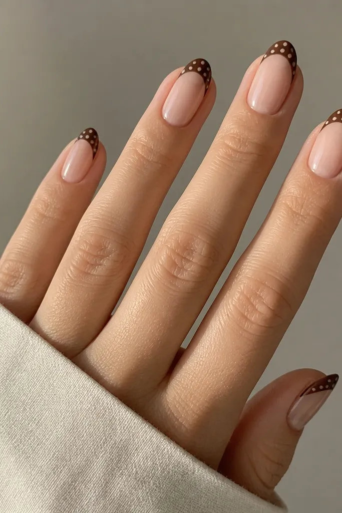 Nude nails with a brown polka dot French tip area. In the center of the French, there's a tiny negative-space half-moon where the nude shows through.