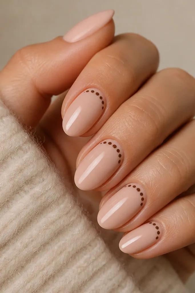 Nude nails with a reverse French at the cuticle area - a thin brown band near the cuticle. Small brown polka dots sit inside the reverse French band, centered under the cuticle.