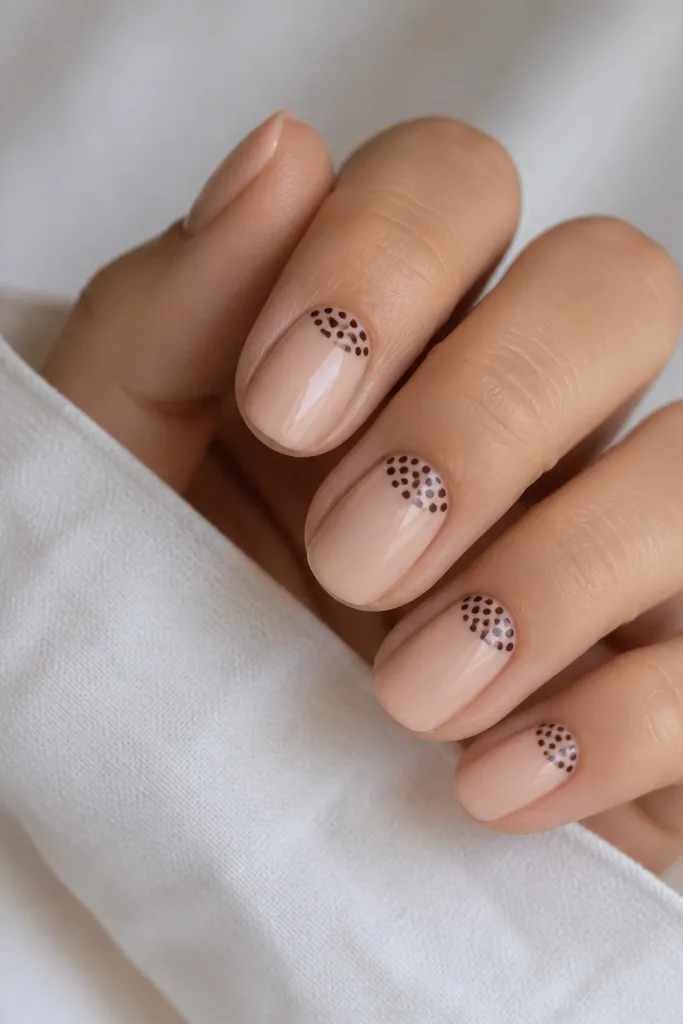 Nude nails with a half-moon shape at the top filled with tiny chocolate polka dots. The rest of the nail stays nude, with no full French line.