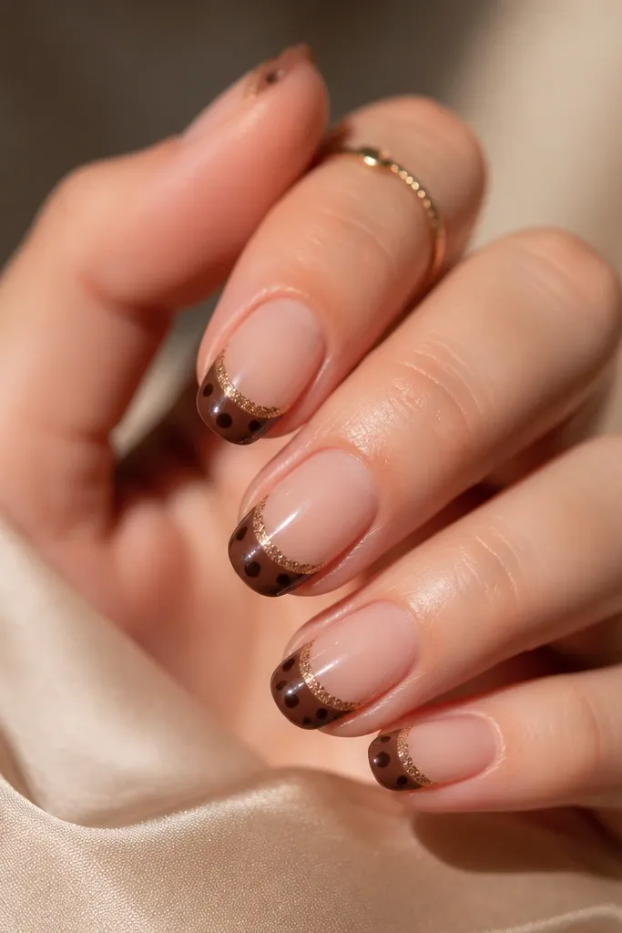 Nude nails with a thin brown French tip. Along the very edge of the French line, there's a micro dusting of fine brown glitter, with tiny polka dots below the edge.