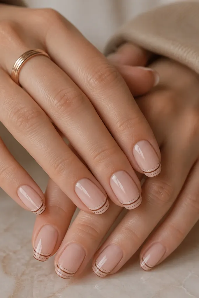 Glossy nude nails with a double French line: a thin brown line and a second slightly thinner line above it. Tiny brown polka dots sit between the two lines.