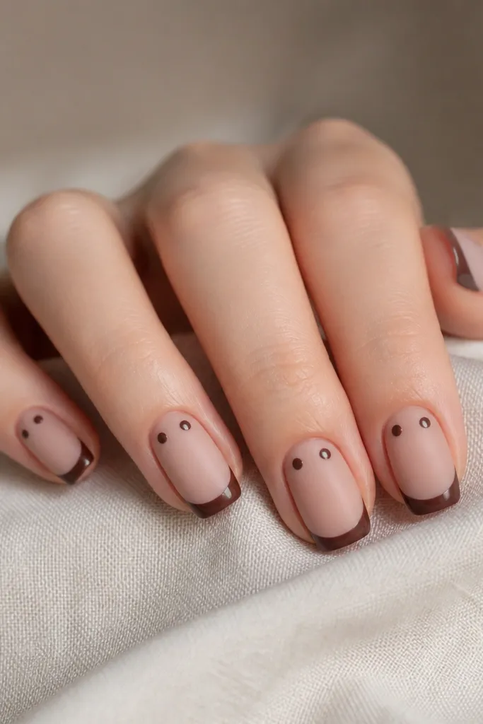 Nude matte nails with a matte brown French tip. Two glossy brown dots sit near the upper left and upper right corners of the tip area.