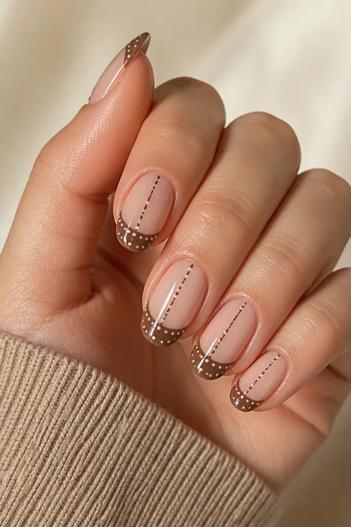 Nude nails with a brown French tip. A thin vertical brown stripe runs down the center of the nail, and tiny polka dots sit on either side of the stripe near the tip.