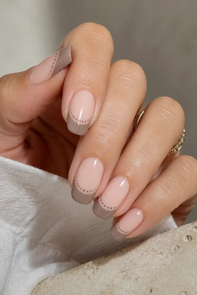 Nude nails with a taupe French tip. Around the inner curve of the tip, there's a dotted outline made of small dark-brown circles, forming a partial halo.