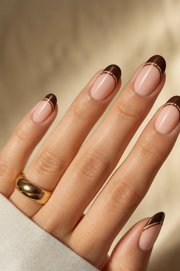 Nude nails with a brown dotted French tip. There's a thin straight nude gap line running horizontally through the dot area, splitting the dots into top and bottom clusters.