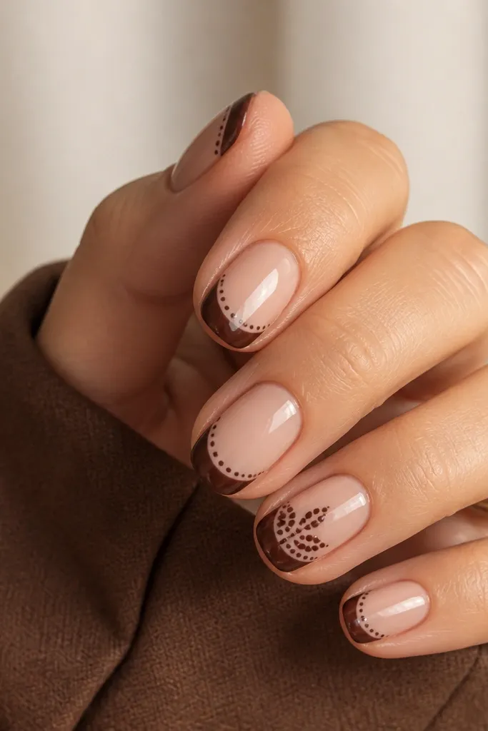 Four nails have a nude base with a thin brown French tip and two tiny centered polka dots. The ring finger has the same French but with a fuller dot cluster of 6 tiny dots across the tip.
