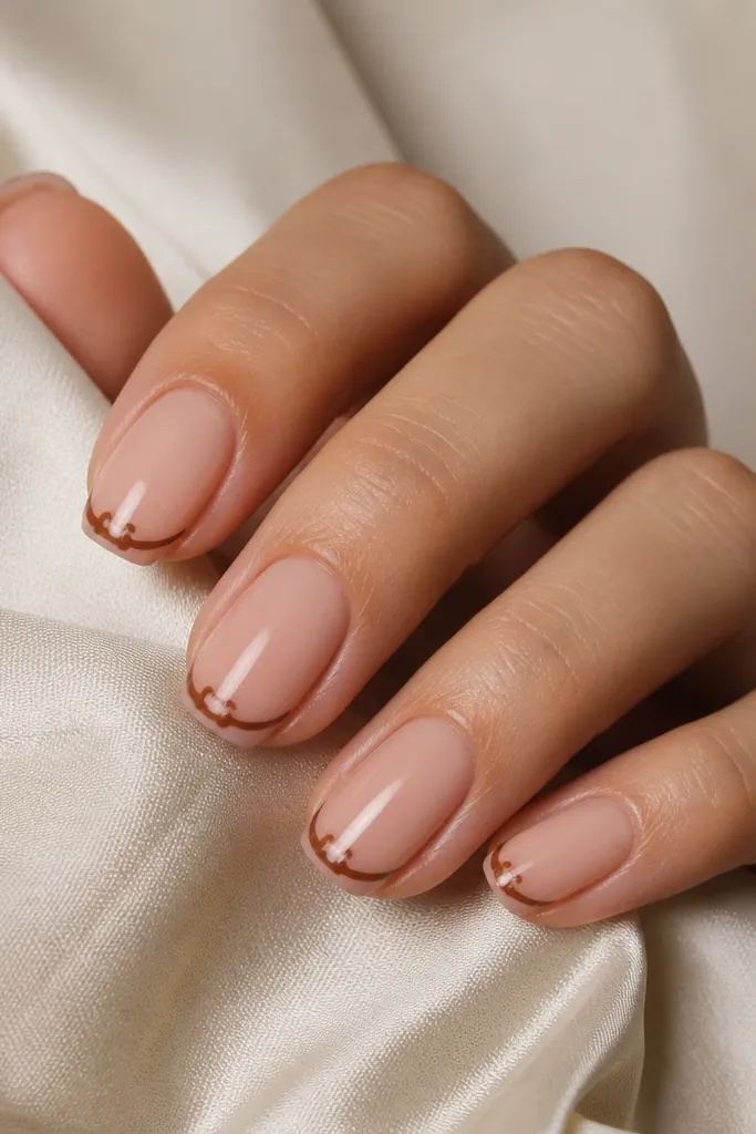 Nude nails with a thin brown French tip. In the center of the tip, there's a small loop-like shape made from two dots connected by a short line, like a tiny tie loop.