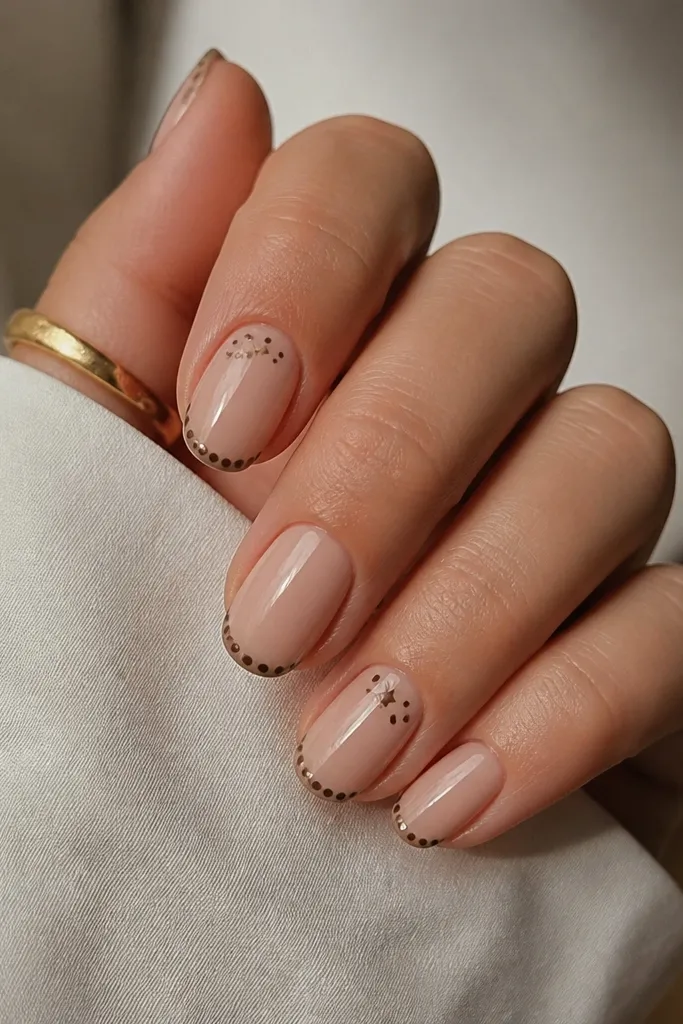 Nude nails with a brown French tip dotted across the tip. Near the cuticle on one or two nails, there's a tiny brown star shape with polka dot dots around it.