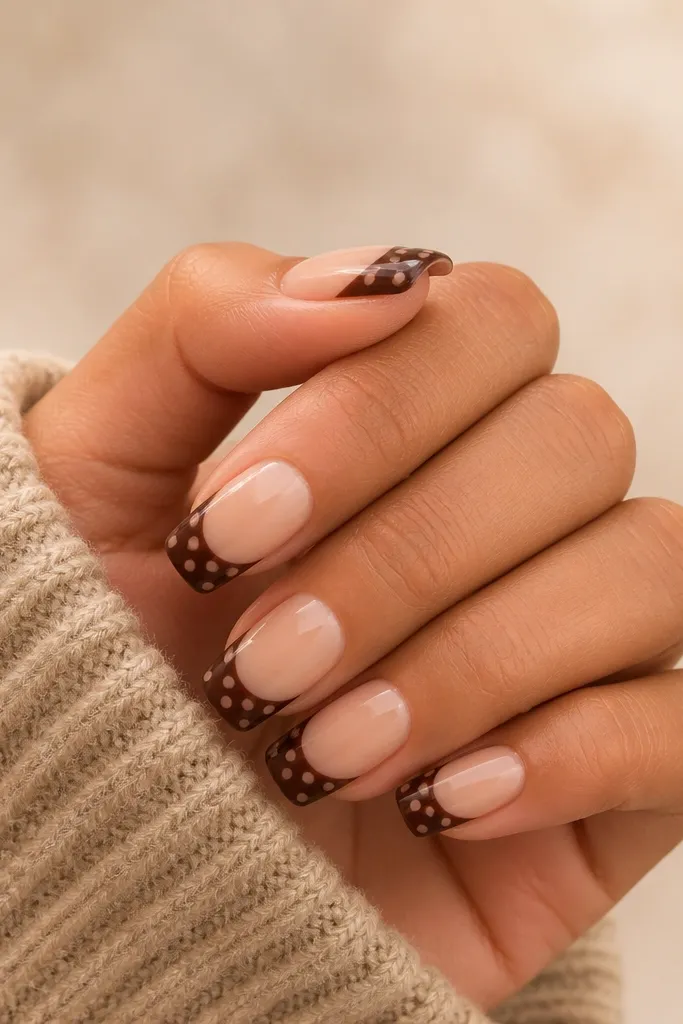 Nude nails with a deep brown French tip. Inside the tip area, there are smaller light brown polka dots that look slightly lighter than the French line.