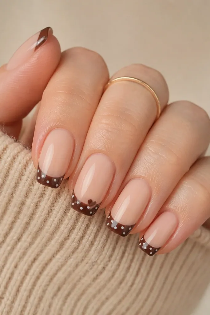 Nude nails with a thin brown French tip filled with small dots. In the center of the nail, there's a tiny heart outline made from two dots and a curved line.