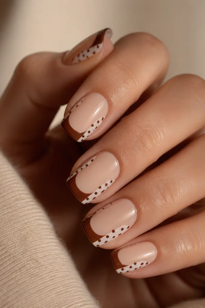 Nude nails with a brown dotted French tip. On both sides of the tip, there are two thin vertical nude bars where dots are missing, creating a striped negative space effect.