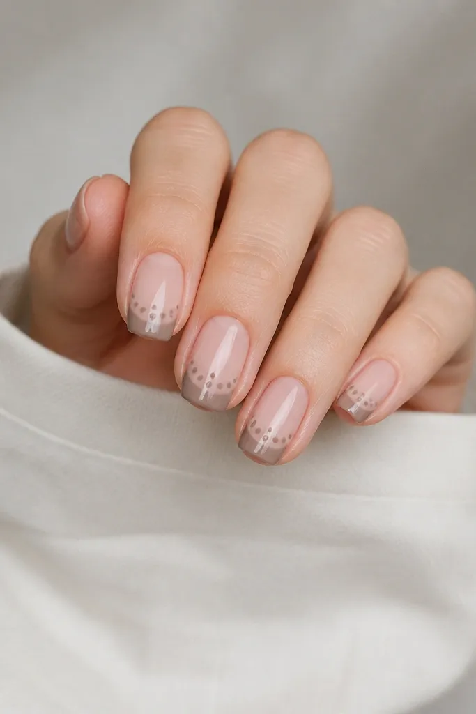 Nude nails with a taupe French tip. The dots form a half-grid pattern - two rows across the tip with three dots per row, leaving the lower half nude.