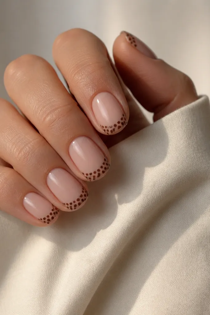 Nude nails with a brown polka dot French tip. In the very center of the tip, there's a skinny vertical nude gap where dots are missing.