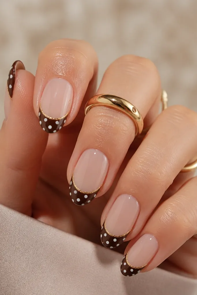 Nude nails with a chocolate dotted French tip. Along the outer edge of the French tip, there's a thin gold micro line. Most nails have two dots; one nail has three dots.