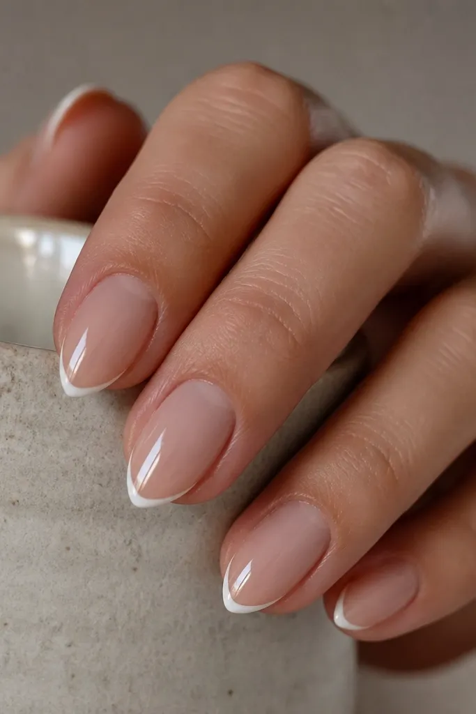 Short stiletto nails where the French tip is extremely thin, and the center of the smile line dips slightly downward before meeting the corners.