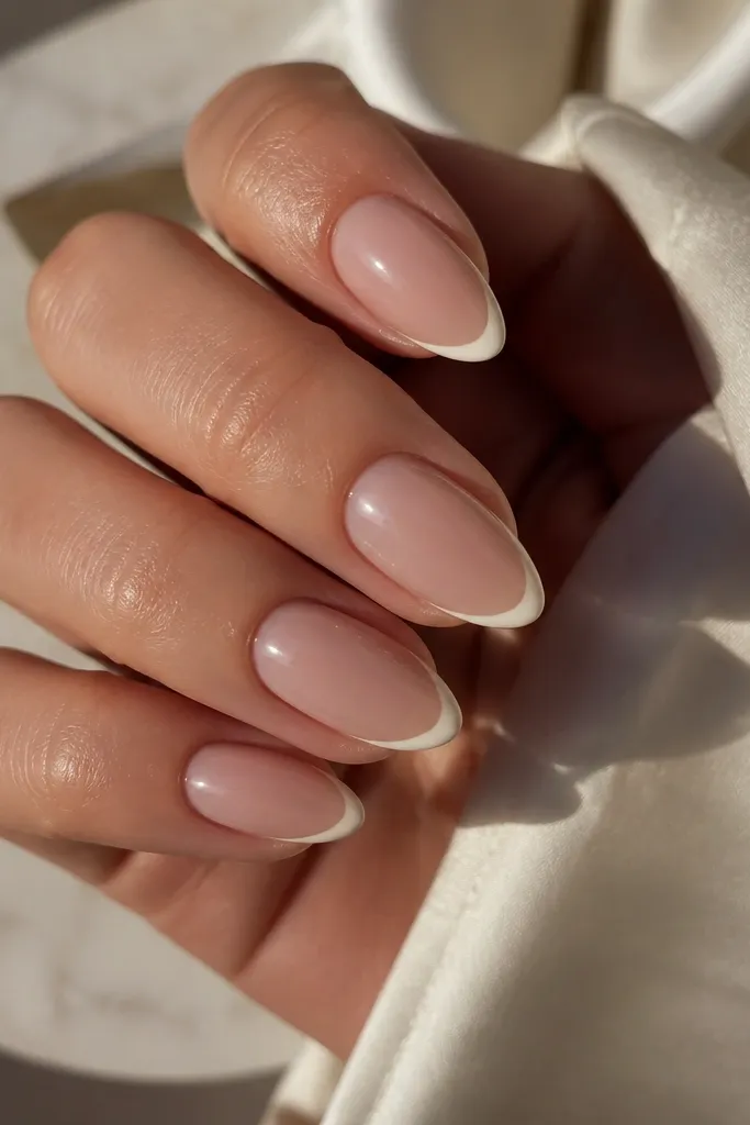 Short stiletto nails with a mauve-nude base and creamy off-white French tips. The tips are thin and slightly warmer than pure white.