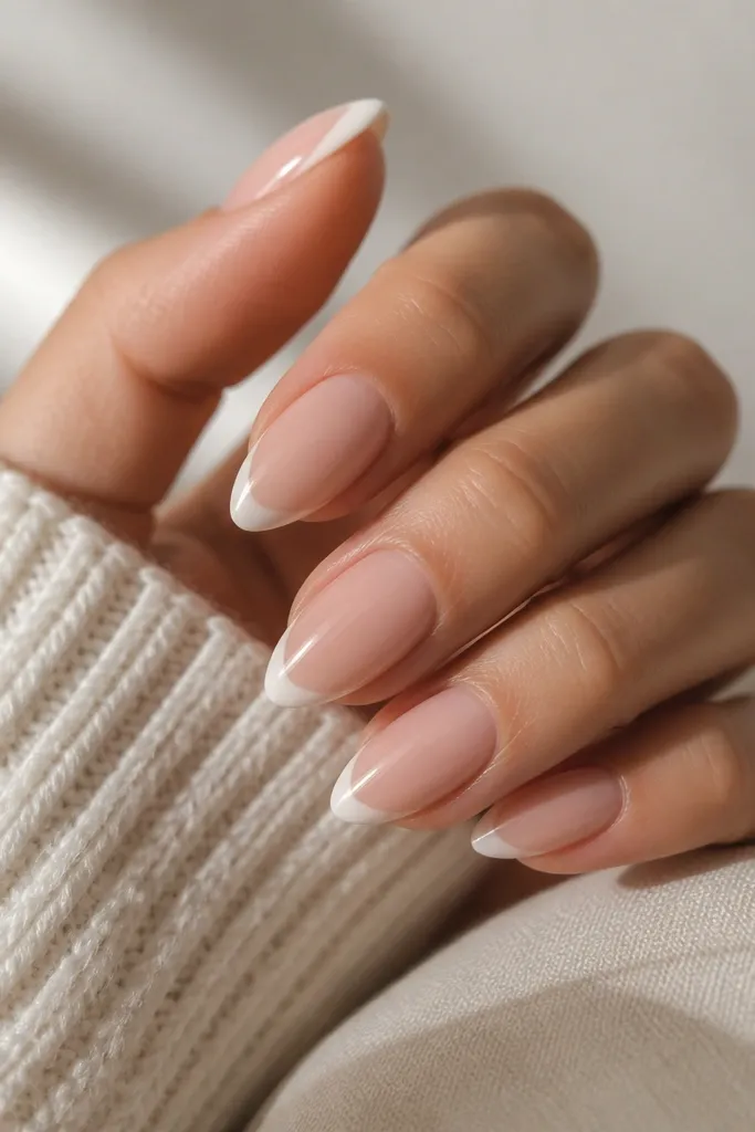 Short stiletto nails with a nude base. The French tip starts white at the corners and gently fades toward the center, creating a soft gradient.