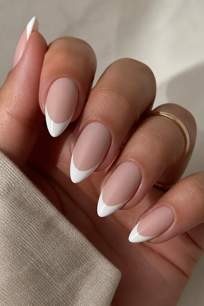 Short stiletto nails with a matte nude base. The French tip is matte white, but there's a glossy clear line along the very edge of the tip.