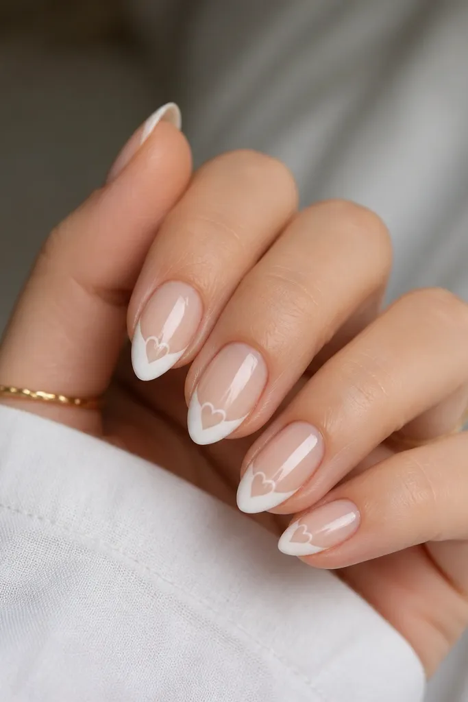 Short stiletto nails with a sheer base and white French tips. In the center of the French, there's a tiny negative-space heart shape.