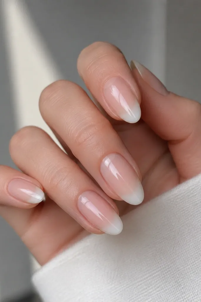 Short stiletto nails with a nude base. The French tip fades from white at the very edge into a translucent clear center.
