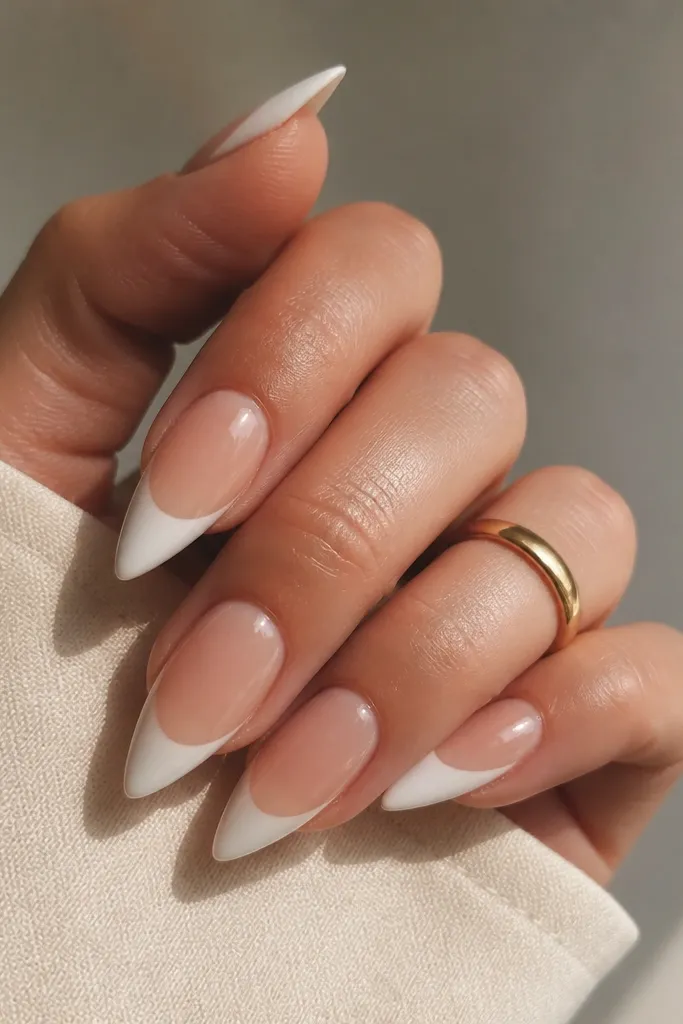 Short stiletto press-on nails with white French tips. The tips look slightly hand-refined along the edges, with sharp corners and a clean smile line.