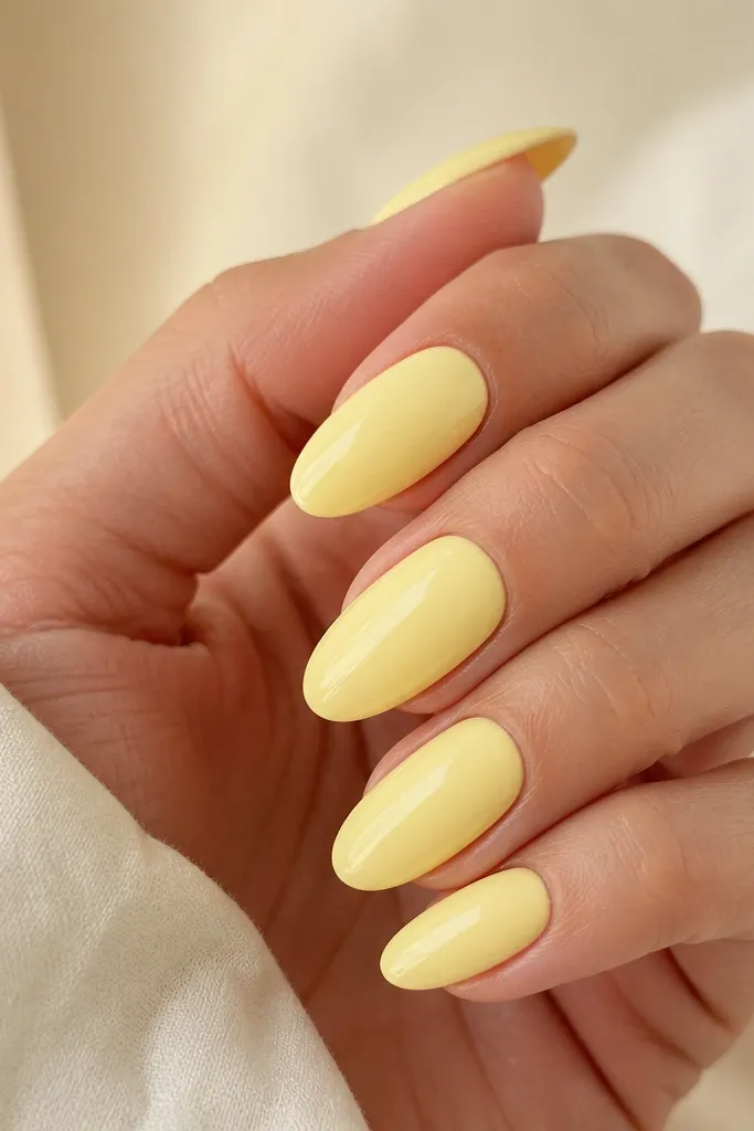 Close-up of short, rounded nails painted a creamy butter light yellow, evenly opaque, with a high-gloss shine. No nail art, just a smooth reflective surface.