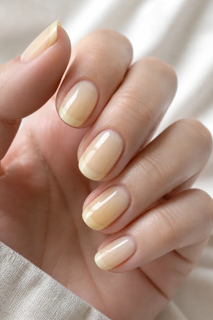 Nails have a translucent milky light yellow tint, with natural nail visible at the edges. The finish is glossy and the color looks like a soft glaze.