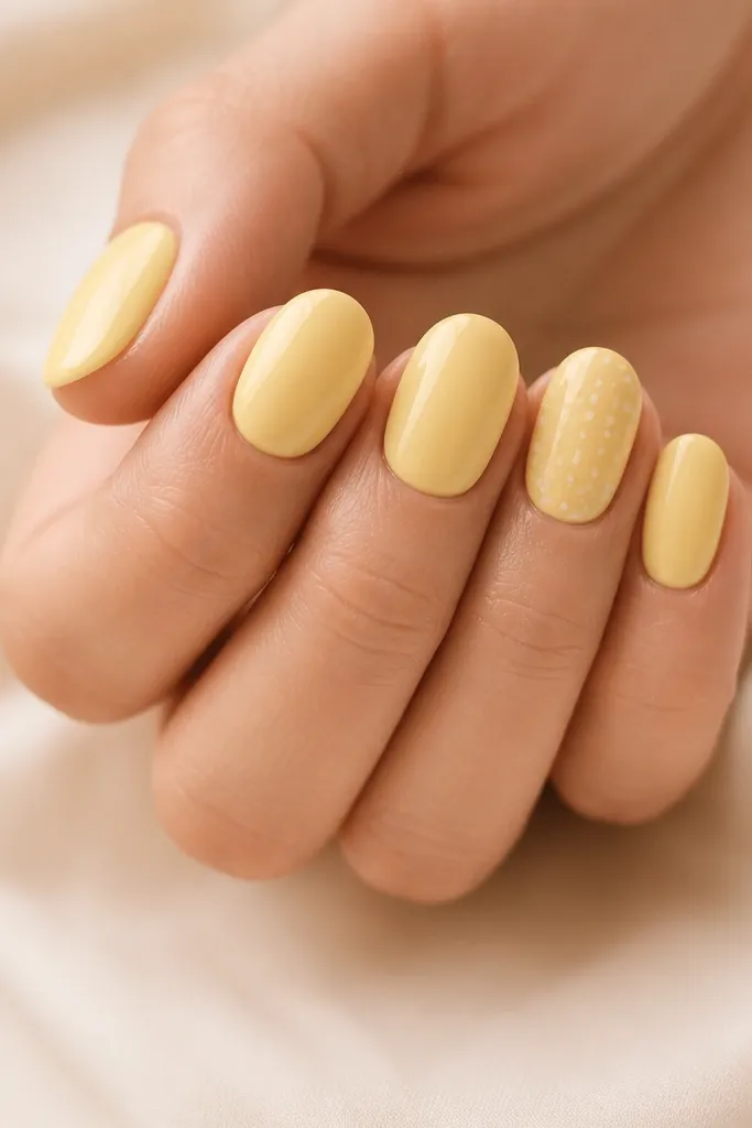 Light yellow nails with one accent nail per hand. The accent nail has a tight cluster of tiny white micro dots near the cuticle, with glossy finish.