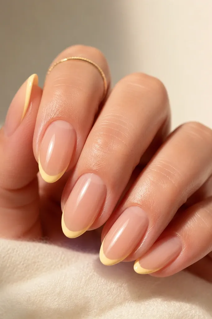Classic French manicure: nude-pink base with thin pastel lemon light yellow French tips. Tips are crisp and slightly curved, glossy finish.