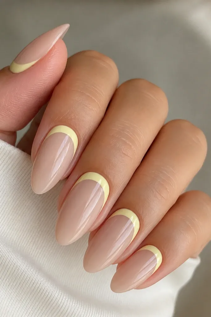 A reverse French design: the nail base is milky nude with a light yellow half-moon near the cuticle. The rest of the nail is bare-glossy, with a smooth shine.