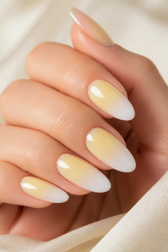 Ombre nails fading from a bright-ish light yellow at the cuticle to sheer white at the tip. The gradient is smooth and glossy.