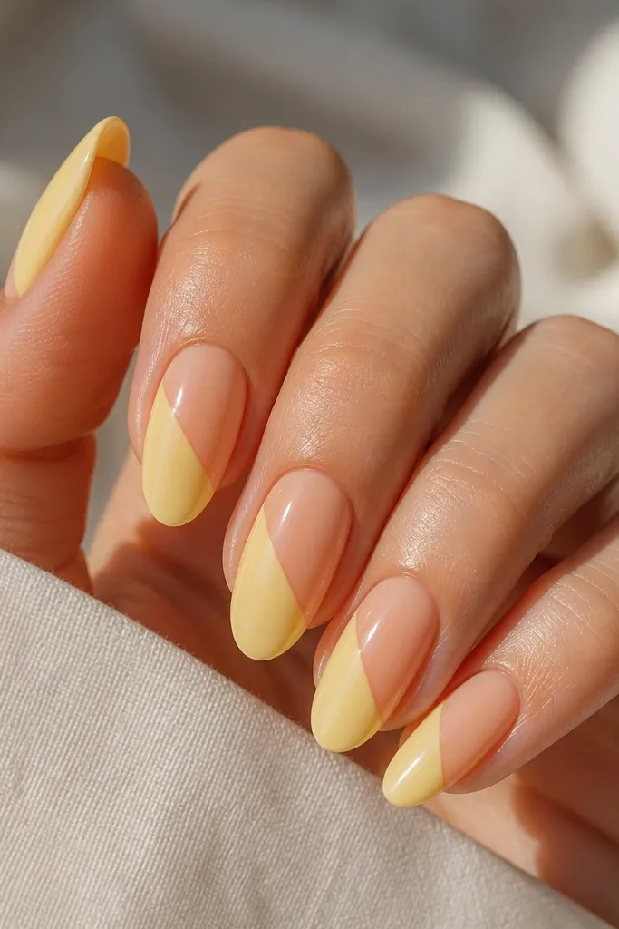 Each nail has a diagonal split: one side is light yellow, the other is sheer nude or very pale cream. The dividing line is straight and sharp, glossy finish.