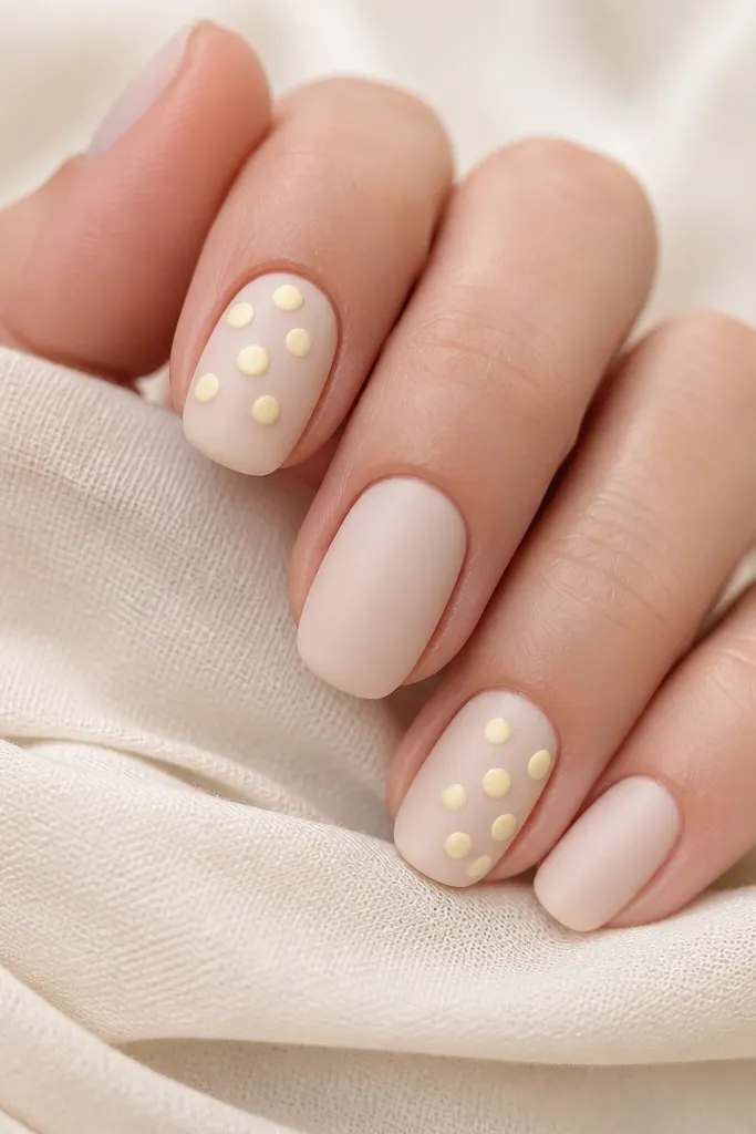 Nails are matte milky nude with a few glossy light yellow dots on two accent nails. The matte finish looks velvety; the dots shine.