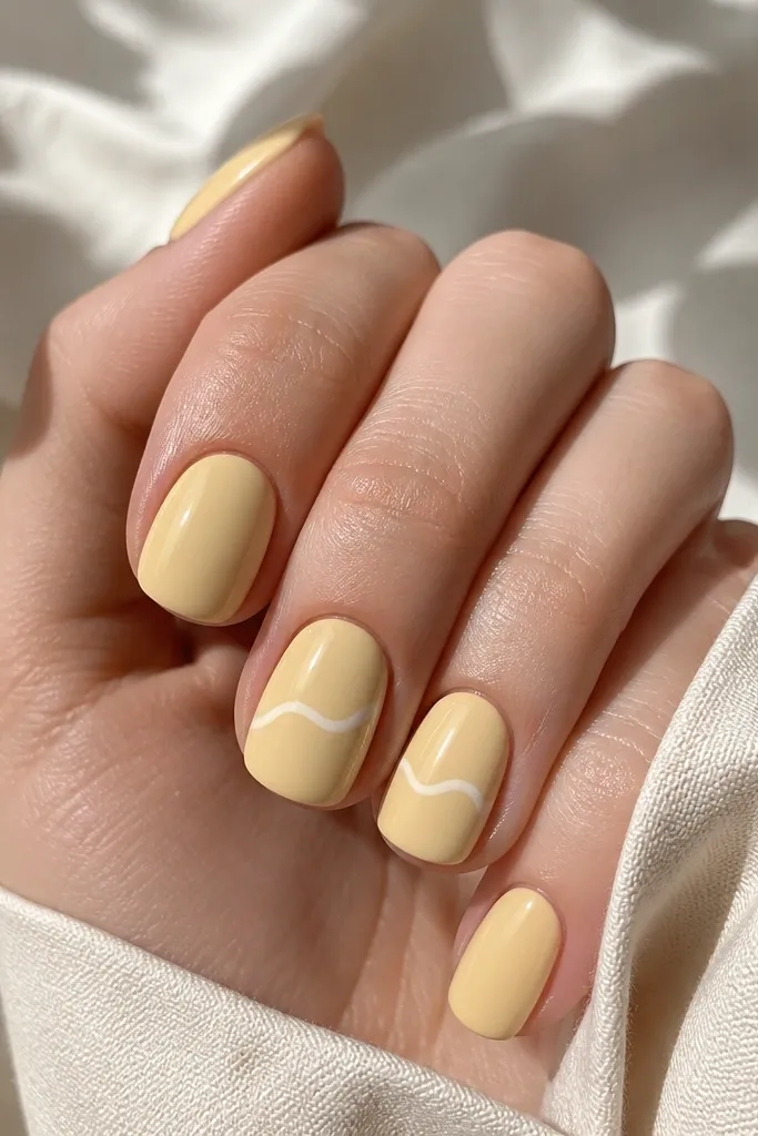 Light yellow nails with a thin white squiggle line running horizontally across one or two nails. The rest of the nails are solid yellow, glossy finish.