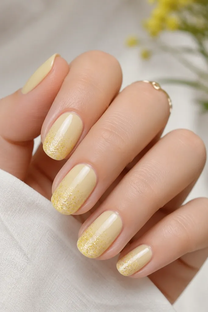 Nails have a light yellow base with a soft glitter fade concentrated at the tips. The glitter looks like it dissolves into the base, glossy finish.