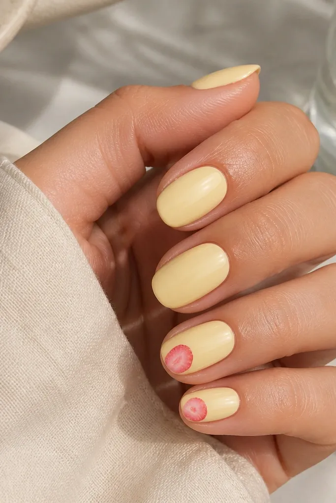 Accent nails show a tiny strawberry slice drawn in pink with a few seeds, placed near the tip on a light yellow background. Other nails are solid light yellow.