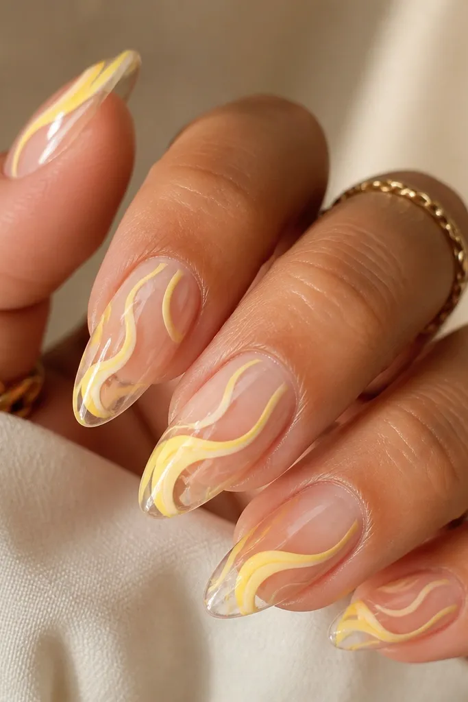 Clear or milky nude nails with a single pastel yellow swirl pattern on one or two nails. Swirls are thin, airy, and glossy.