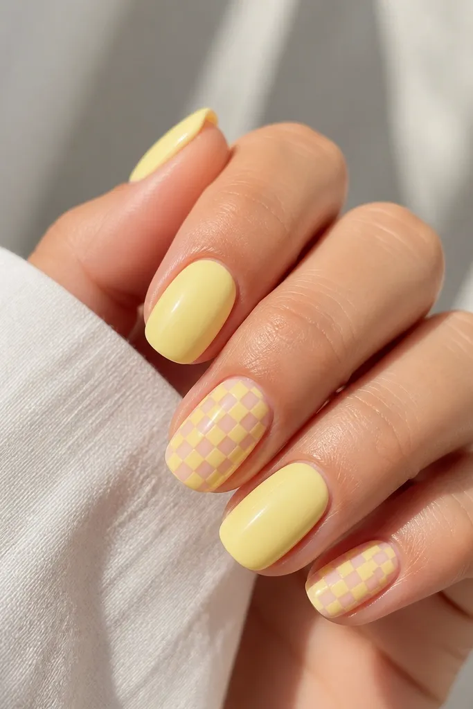 Two accent nails have a tiny checker pattern in light yellow squares on a pale nude base. Other nails are solid light yellow with glossy shine.