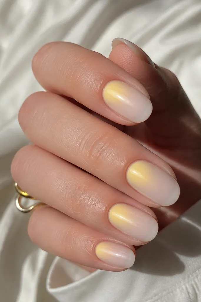 Aura nails: a soft light yellow glow centered around the cuticle, fading outward into milky nude. The center is brighter, edges fade smoothly.