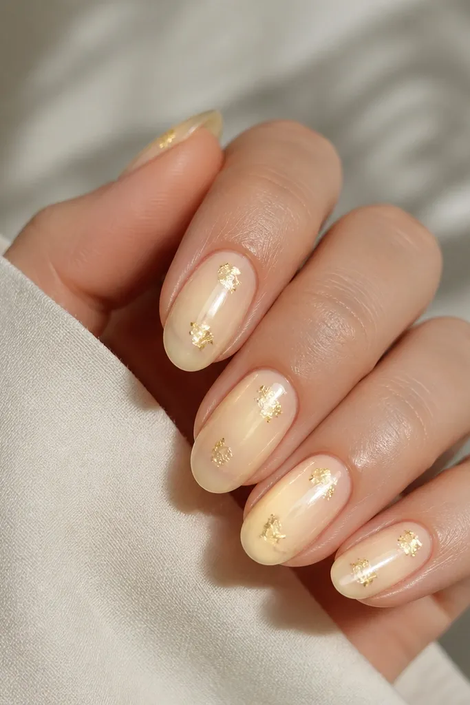 Light yellow nails with a glossy "glazed" look and tiny gold foil flecks scattered near the center and edges. Flecks are sparse and reflective.