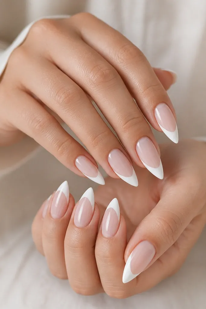 Ten short stiletto nails on a neutral skin-tone hand. The base is milky nude with a soft sheen. The french tips are opaque bright white with a smooth smile curve and a crisp tapered point at each nail tip.