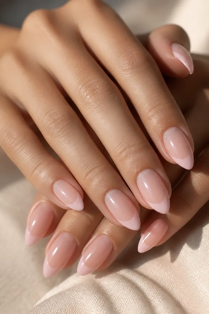 Short stiletto nails with a glassy clear rosy base. The french tips are a pale blush pink, almost translucent at the inner edge, becoming more opaque near the free edge. The smile line is thin and tidy.