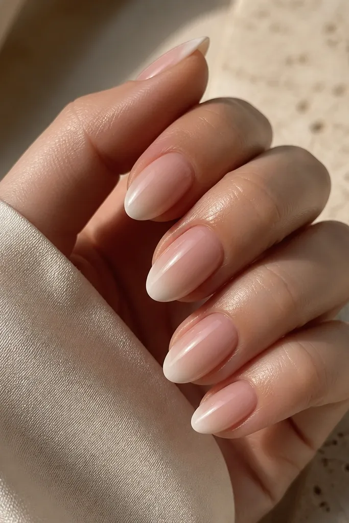 Short stiletto nails where the french tip is milky white, but the inner part of the tip fades slightly into the base. The fade is subtle, like a soft airbrushed gradient. Nails are glossy and evenly shaped.