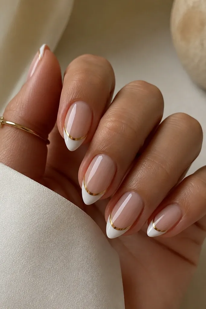 Short stiletto nails with a sheer nude base and classic white french tips. A thin metallic gold line traces the smile curve from sidewall to sidewall. The gold is crisp and sits just above the white edge.