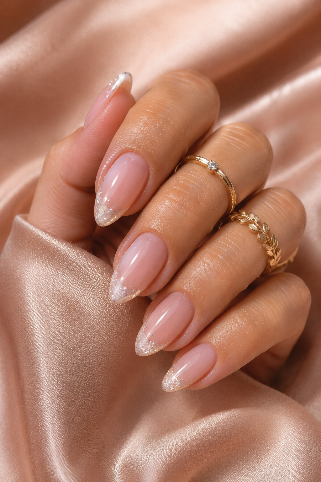 Short stiletto nails with a sheer pink base. The french tips are white at the outer edge with a fine glitter dust that spreads inward like sugar. The glitter is concentrated near the tip point and fades toward the smile.